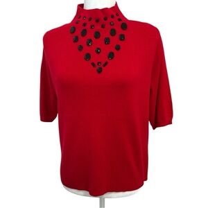 WORTHINGTON Women Knit Pullover Top Turtleneck Short Sleeve Rhinestone Large Red